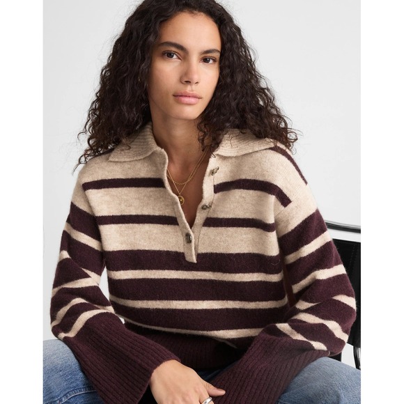 Madewell CloudSoft Striped Polo Collar Knit Pullover Sweater Oversized XS NY436 - Picture 6 of 6